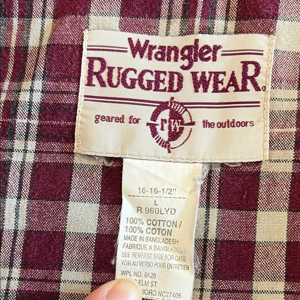 Wrangler Rugged Wear‎ - Maroon, Beige Plaid Shirt, Chambray Accents, L